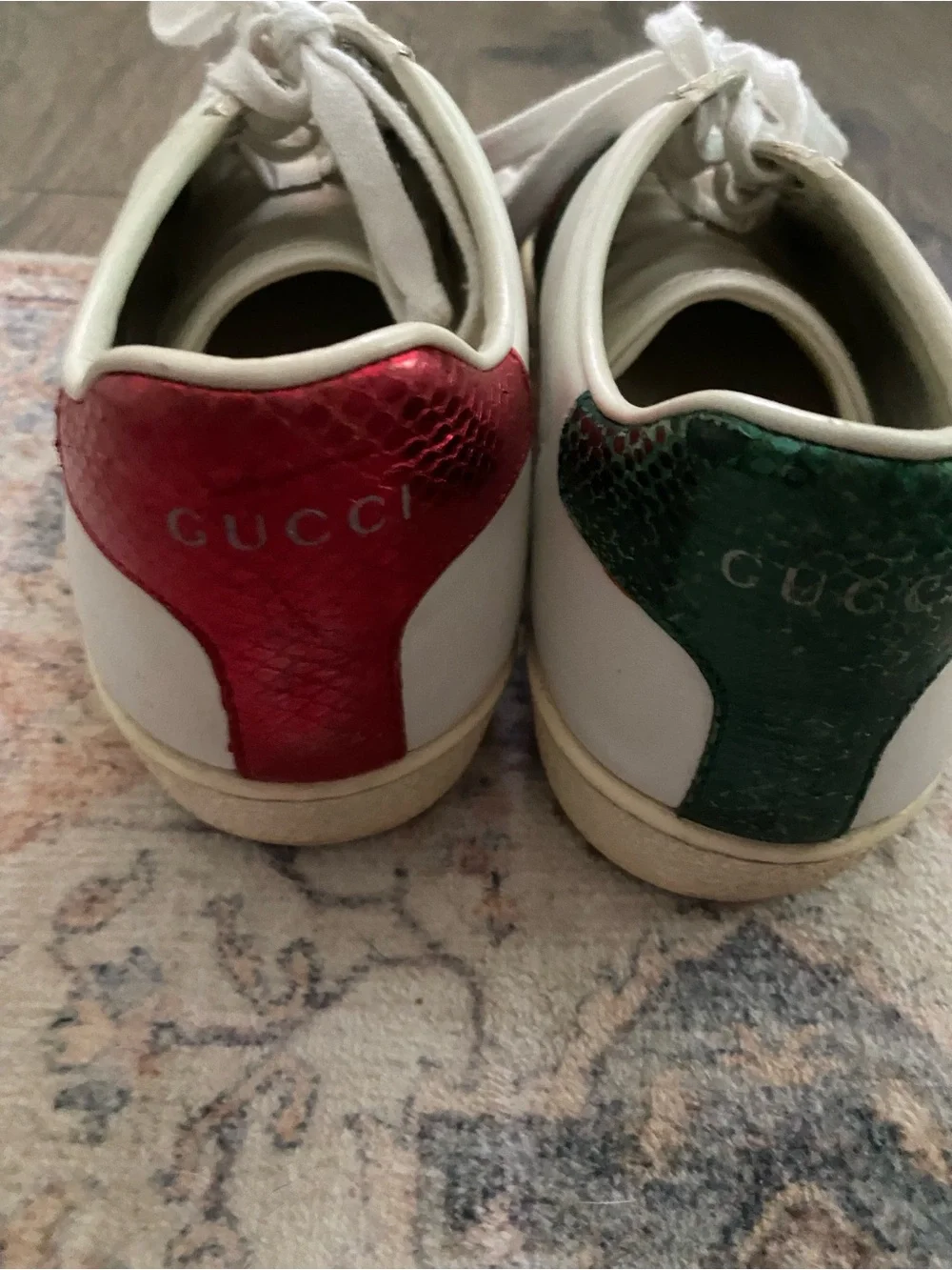 Gucci White Leather Sneakers with Green and Red Web Stripe and Gold Bee